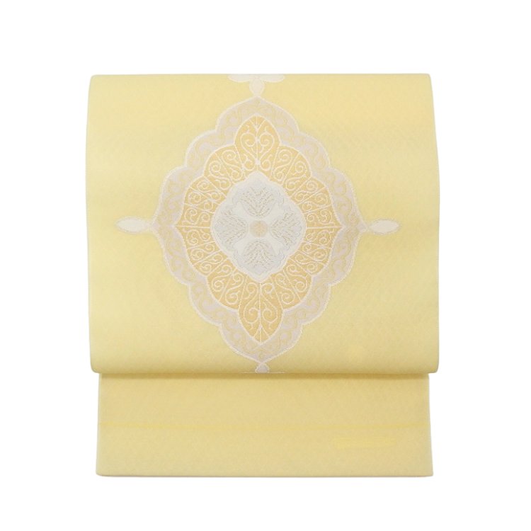 洛風林 「マルグレーテ華文」九寸名古屋帯 夏帯〜単衣帯 灰淡黄＜お仕立て代込＞の画像