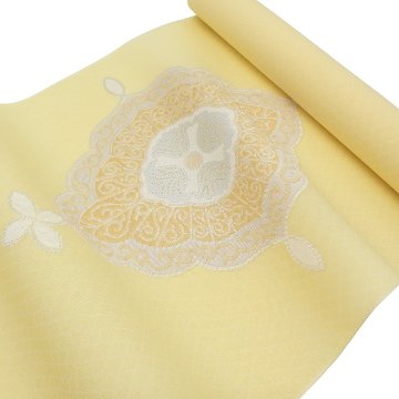 洛風林 「マルグレーテ華文」九寸名古屋帯 夏帯〜単衣帯 灰淡黄＜お仕立て代込＞の画像