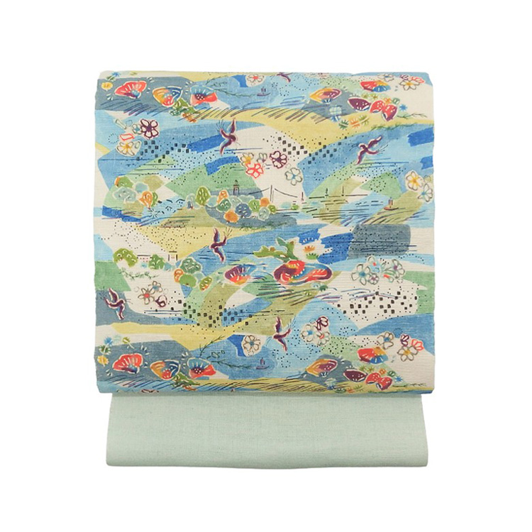 高山和子「空と、海と、」第99回国展出品作品 九寸名古屋帯 白緑色＜お仕立て代込＞の画像