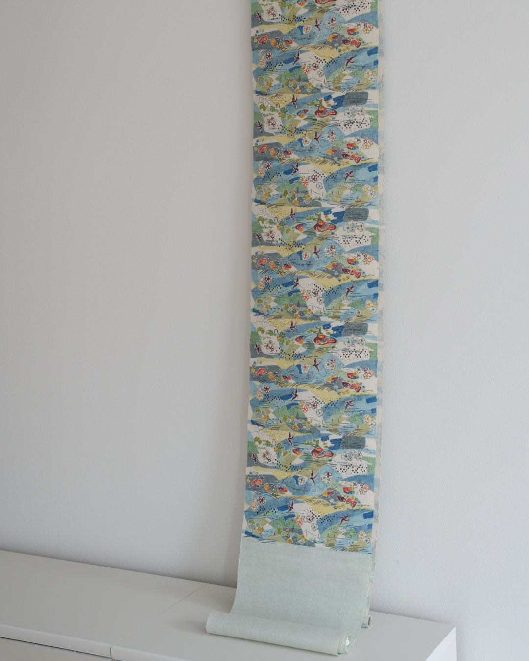 高山和子「空と、海と、」第99回国展出品作品 九寸名古屋帯 白緑色＜お仕立て代込＞の画像