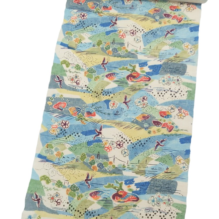 高山和子「空と、海と、」第99回国展出品作品 九寸名古屋帯 白緑色＜お仕立て代込＞の画像