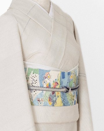 高山和子「空と、海と、」第99回国展出品作品 九寸名古屋帯 白緑色＜お仕立て代込＞の画像