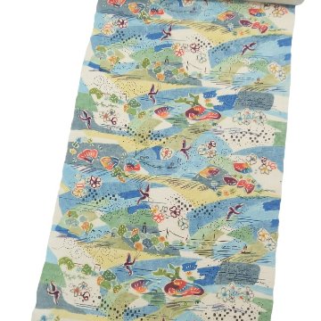 高山和子「空と、海と、」第99回国展出品作品 九寸名古屋帯 白緑色＜お仕立て代込＞の画像