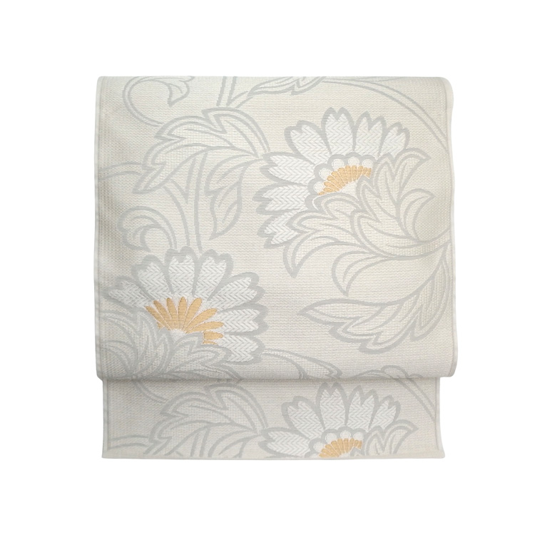 織楽浅野 「花唐草」九寸名古屋帯 夏帯〜単衣帯 灰生成に金糸＜お仕立て代込＞の画像