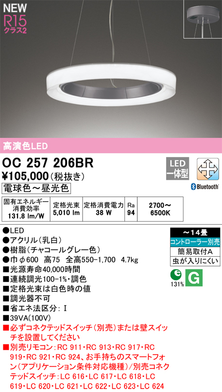 安心のメーカー保証【インボイス対応店】【送料無料】OC257206BR オーデリック ペンダント LED リモコン別売  Ｔ区分の画像