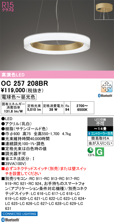 安心のメーカー保証【インボイス対応店】【送料無料】OC257208BR オーデリック ペンダント LED リモコン別売  Ｎ区分の画像