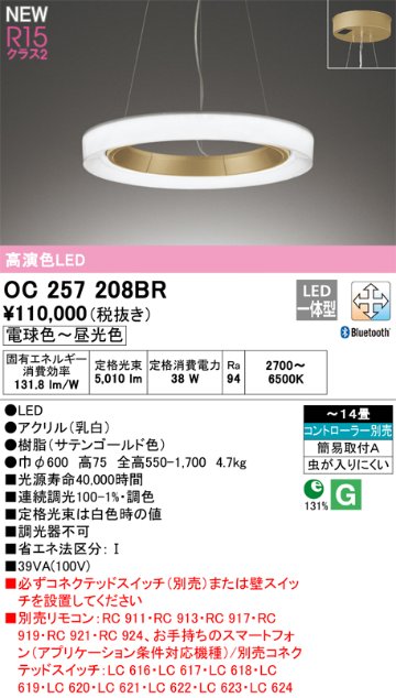 安心のメーカー保証【インボイス対応店】【送料無料】OC257208BR オーデリック ペンダント LED リモコン別売  Ｔ区分の画像