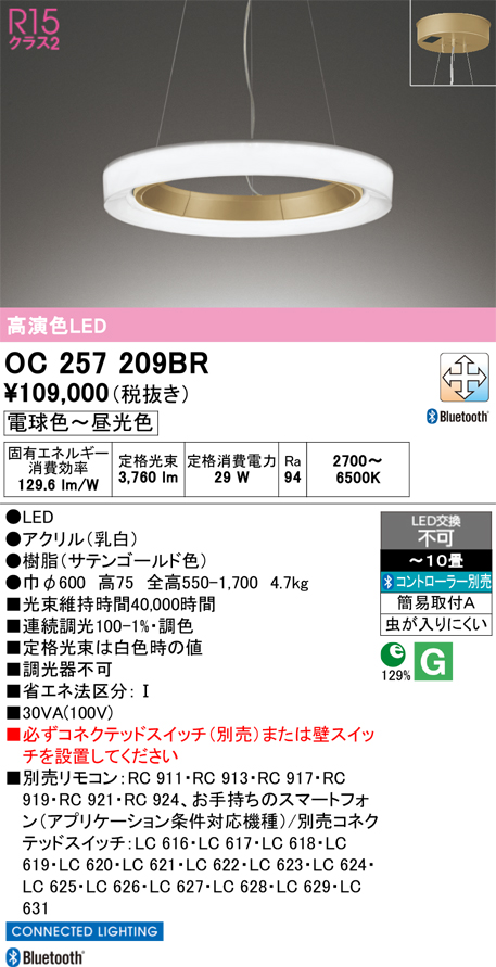 安心のメーカー保証【インボイス対応店】【送料無料】OC257209BR オーデリック ペンダント LED リモコン別売  Ｎ区分の画像