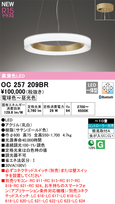 安心のメーカー保証【インボイス対応店】【送料無料】OC257209BR オーデリック ペンダント LED リモコン別売  Ｔ区分の画像