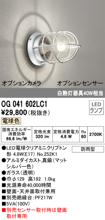 安心のメーカー保証【インボイス対応店】【送料無料】OG041602LC1 （ランプ別梱包）『OG041602#＋NO252K1』 オーデリック ポーチライト 軒下使用可 LED  Ｈ区分の画像