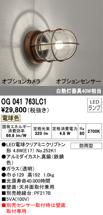 安心のメーカー保証【インボイス対応店】【送料無料】OG041763LC1 （ランプ別梱包）『OG041763#＋NO252K1』 オーデリック ポーチライト 軒下使用可 LED  Ｈ区分の画像