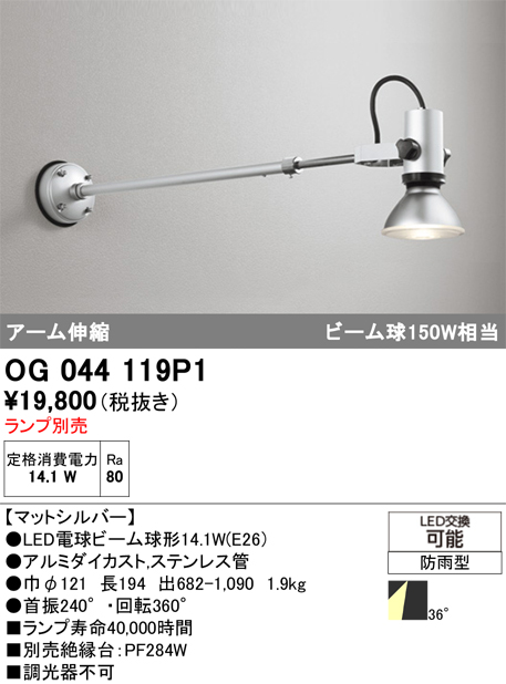 安心のメーカー保証【インボイス対応店】【送料無料】OG044119P1 オーデリック 屋外灯 スポットライト LED ランプ別売 Ｔ区分の画像