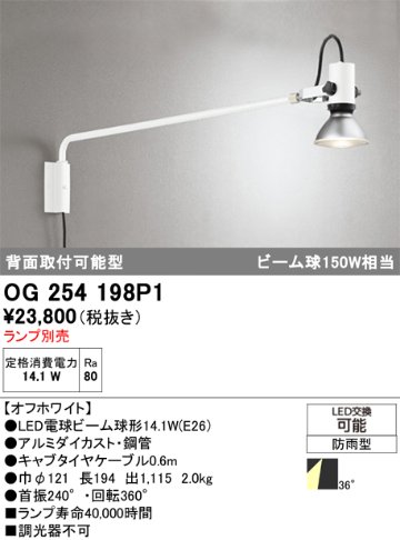 安心のメーカー保証【インボイス対応店】【送料無料】OG254198P1 オーデリック 屋外灯 スポットライト LED ランプ別売 Ｎ区分の画像