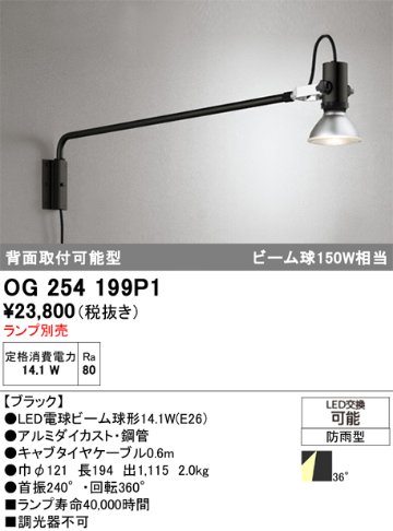 安心のメーカー保証【インボイス対応店】【送料無料】OG254199P1 オーデリック 屋外灯 スポットライト LED ランプ別売 Ｎ区分の画像