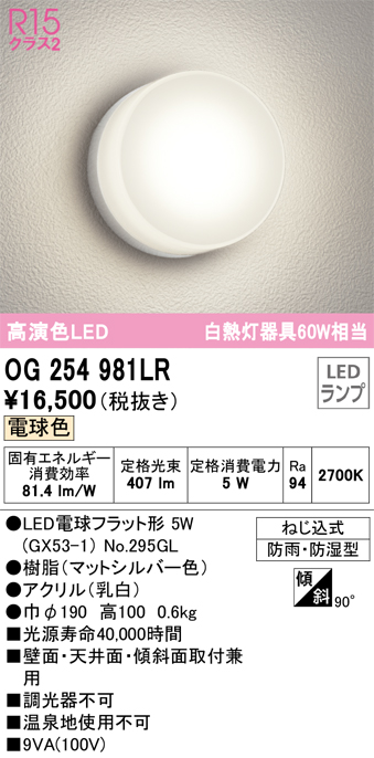 安心のメーカー保証期間限定特価【インボイス対応店】【送料無料】OG254981LR （ランプ別梱包）『OG254981#＋NO295GL』 オーデリック ポーチライト 軒下使用可 LED  Ｎ区分の画像