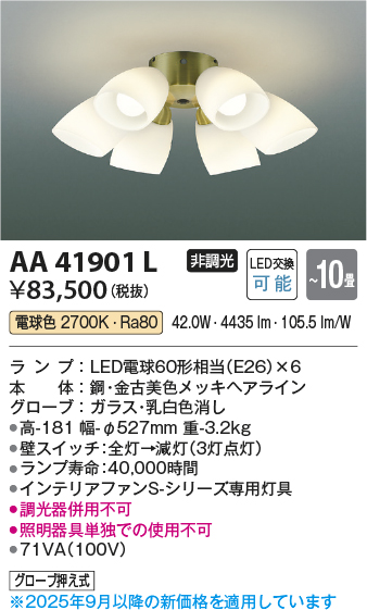 安心のメーカー保証【インボイス対応店】【送料無料】AA41901L （本体別売） コイズミ シーリングファン 灯具のみ LED  Ｔ区分の画像