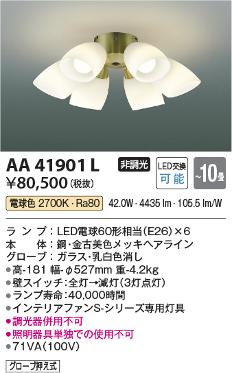 安心のメーカー保証【インボイス対応店】【送料無料】AA41901L （本体別売） コイズミ シーリングファン 灯具のみ LED  Ｔ区分の画像