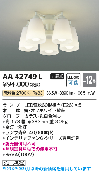 安心のメーカー保証【インボイス対応店】【送料無料】AA42749L （本体別売） コイズミ シーリングファン 灯具のみ LED  Ｔ区分の画像