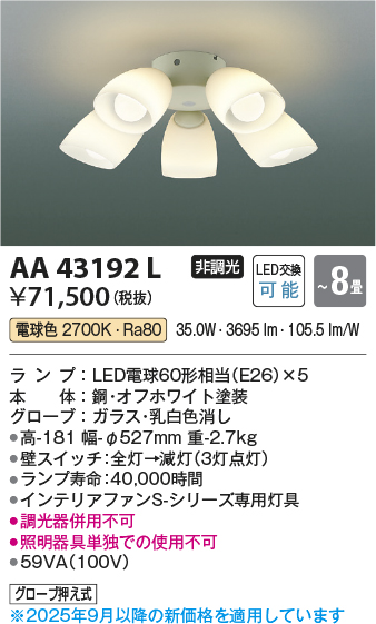 安心のメーカー保証【インボイス対応店】【送料無料】AA43192L （本体別売） コイズミ シーリングファン 灯具のみ LED  Ｔ区分の画像
