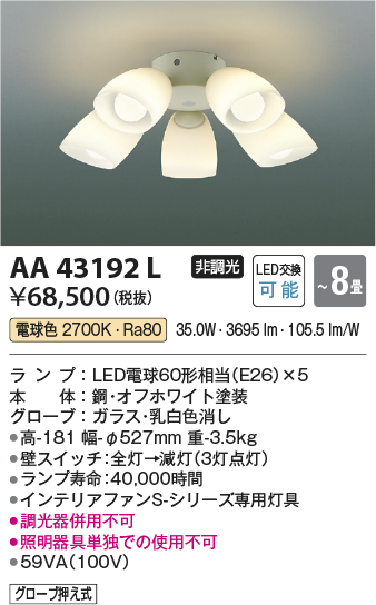 安心のメーカー保証【インボイス対応店】【送料無料】AA43192L （本体別売） コイズミ シーリングファン 灯具のみ LED  Ｔ区分の画像