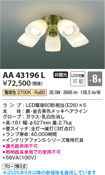 安心のメーカー保証【インボイス対応店】【送料無料】AA43196L （本体別売） コイズミ シーリングファン 灯具のみ LED  Ｔ区分の画像