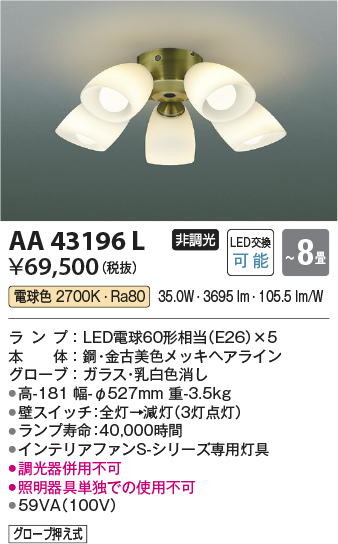 安心のメーカー保証【インボイス対応店】【送料無料】AA43196L （本体別売） コイズミ シーリングファン 灯具のみ LED  Ｔ区分の画像