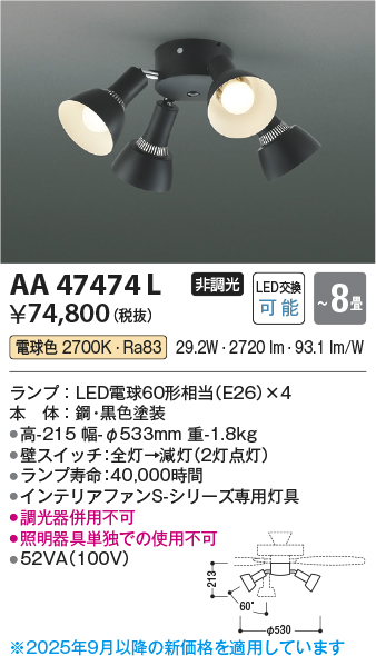 安心のメーカー保証【インボイス対応店】【送料無料】AA47474L （本体別売） コイズミ シーリングファン 灯具のみ LED  Ｔ区分の画像