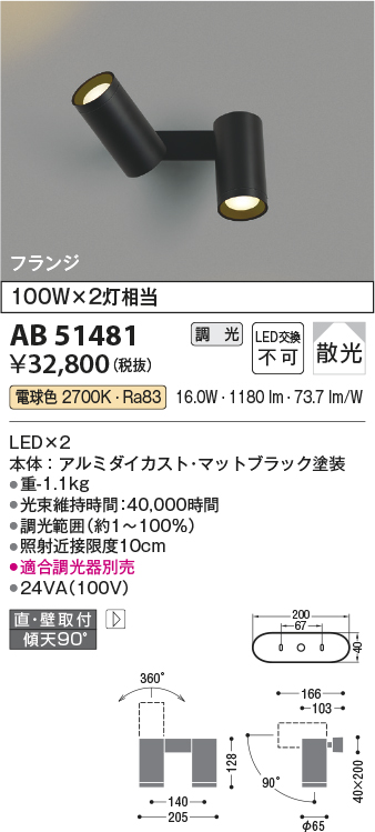 安心のメーカー保証【インボイス対応店】【送料無料】AB51481 コイズミ スポットライト LED  Ｔ区分の画像