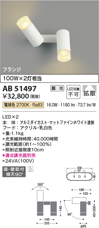 安心のメーカー保証【インボイス対応店】【送料無料】AB51497 コイズミ スポットライト LED  Ｔ区分の画像