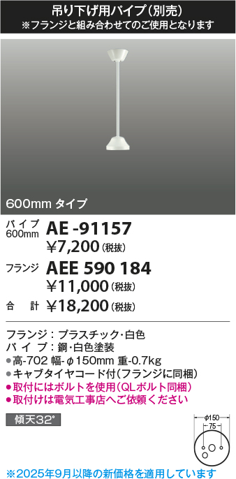 安心のメーカー保証【インボイス対応店】【送料無料】AE-91157 コイズミ シーリングファン パイプのみ  Ｔ区分の画像