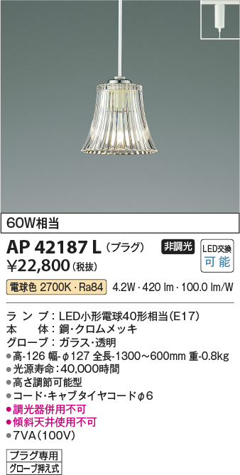 安心のメーカー保証【インボイス対応店】【送料無料】AP42187L コイズミ ペンダント 配線ダクト用 LED  Ｔ区分の画像