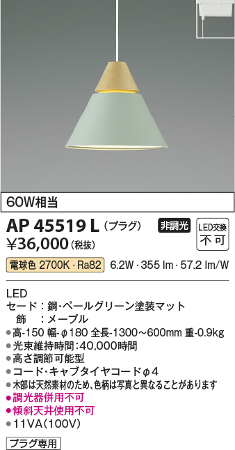 安心のメーカー保証【インボイス対応店】【送料無料】AP45519L コイズミ ペンダント 配線ダクト用 LED  Ｔ区分の画像