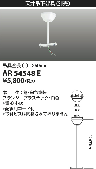 安心のメーカー保証【インボイス対応店】【送料無料】AR54548E コイズミ ベースライト 誘導灯 別売天井吊下げ具  Ｔ区分の画像