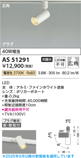 安心のメーカー保証【インボイス対応店】【送料無料】AS51291 コイズミ スポットライト 配線ダクト用 LED  Ｔ区分の画像