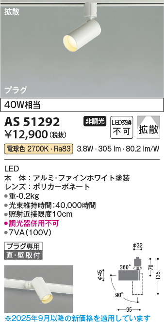 安心のメーカー保証【インボイス対応店】【送料無料】AS51292 コイズミ スポットライト 配線ダクト用 LED  Ｔ区分の画像