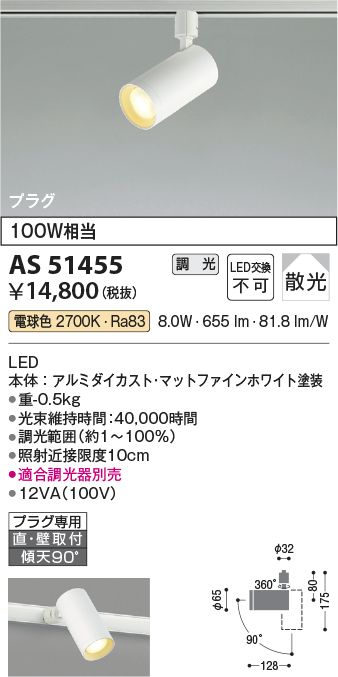 安心のメーカー保証【インボイス対応店】【送料無料】AS51455 コイズミ スポットライト 配線ダクト用 LED  Ｔ区分の画像