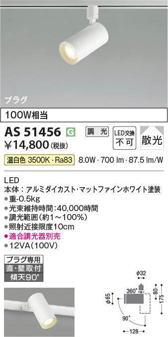 安心のメーカー保証【インボイス対応店】【送料無料】AS51456 コイズミ スポットライト 配線ダクト用 LED  Ｔ区分の画像