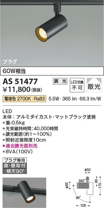 安心のメーカー保証【インボイス対応店】【送料無料】AS51477 コイズミ スポットライト 配線ダクト用 LED  Ｔ区分の画像