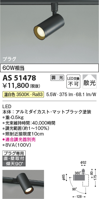 安心のメーカー保証【インボイス対応店】【送料無料】AS51478 コイズミ スポットライト 配線ダクト用 LED  Ｔ区分の画像