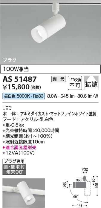 安心のメーカー保証【インボイス対応店】【送料無料】AS51487 コイズミ スポットライト 配線ダクト用 LED  Ｔ区分の画像