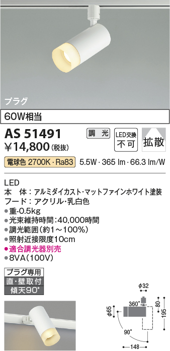 安心のメーカー保証【インボイス対応店】【送料無料】AS51491 コイズミ スポットライト 配線ダクト用 LED  Ｔ区分の画像