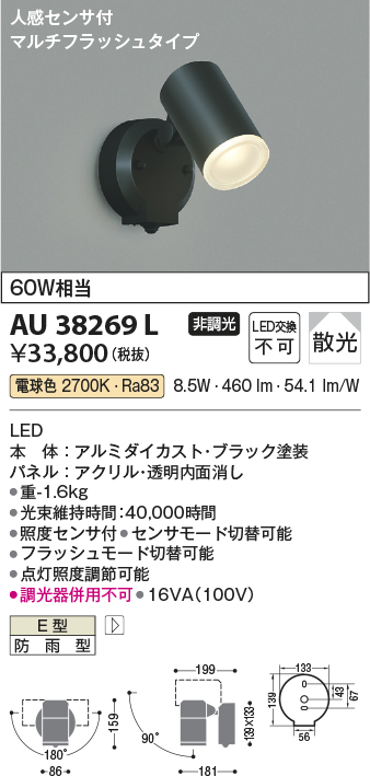 安心のメーカー保証【インボイス対応店】【送料無料】AU38269L コイズミ 屋外灯 スポットライト LED  Ｔ区分の画像