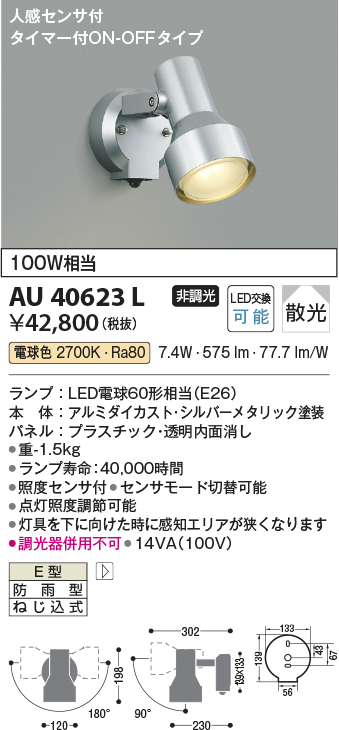 安心のメーカー保証【インボイス対応店】【送料無料】AU40623L コイズミ 屋外灯 スポットライト LED  Ｔ区分の画像