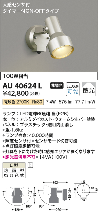 安心のメーカー保証【インボイス対応店】【送料無料】AU40624L コイズミ 屋外灯 スポットライト LED  Ｔ区分の画像