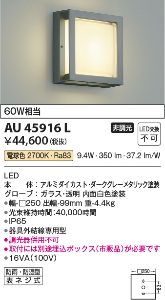 安心のメーカー保証【インボイス対応店】【送料無料】AU45916L （埋込ボックス別売） コイズミ 屋外灯 アウトドアブラケット LED  Ｔ区分の画像