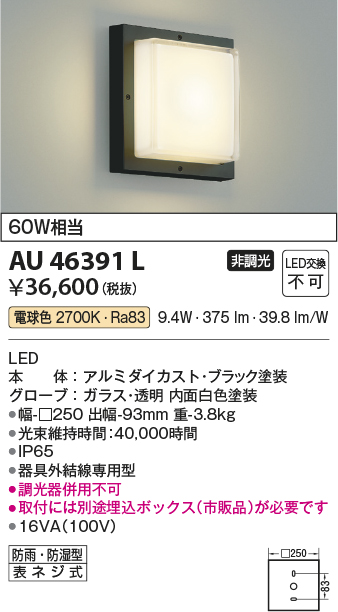 安心のメーカー保証【インボイス対応店】【送料無料】AU46391L （埋込ボックス別売） コイズミ 屋外灯 アウトドアブラケット LED  Ｔ区分の画像