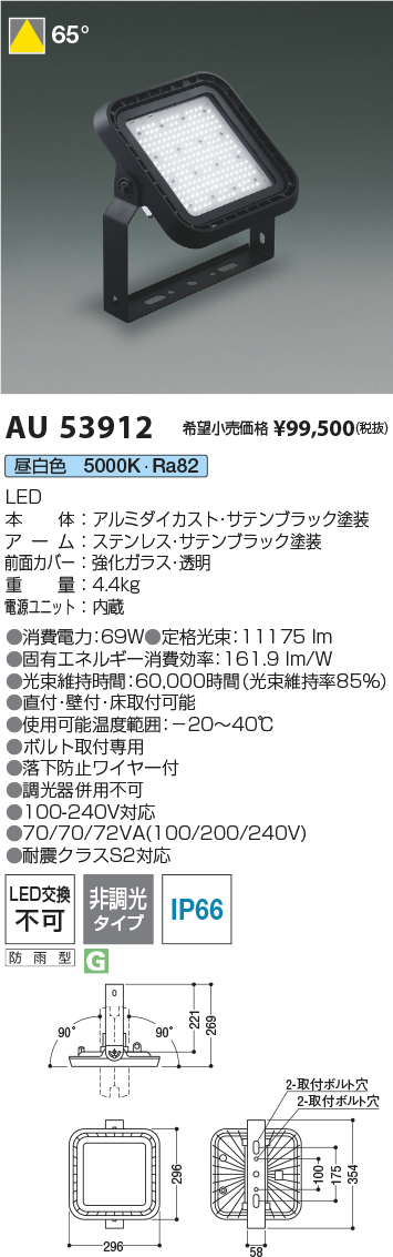 安心のメーカー保証【インボイス対応店】【送料無料】AU53912 コイズミ 屋外灯 投光器 LED  Ｔ区分の画像