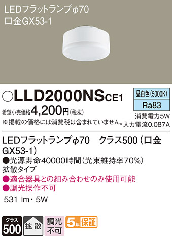 安心のメーカー保証　【インボイス対応店】【送料無料】LLD2000NSCE1 パナソニック ランプ類 LEDユニット LED  Ｔ区分の画像