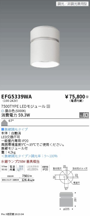 安心のメーカー保証【インボイス対応店】【送料無料】EFG5339WA 遠藤照明 シーリングライト LED  Ｎ区分の画像