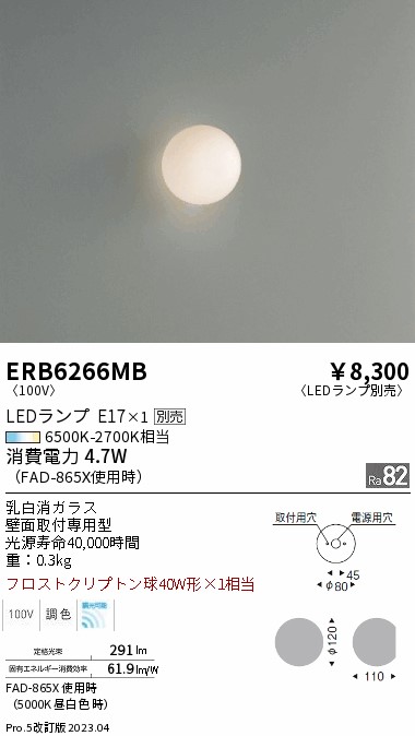 安心のメーカー保証【インボイス対応店】【送料無料】ERB6266MB 遠藤照明 ブラケット 一般形 LED ランプ別売 Ｎ区分 Ｎ発送の画像